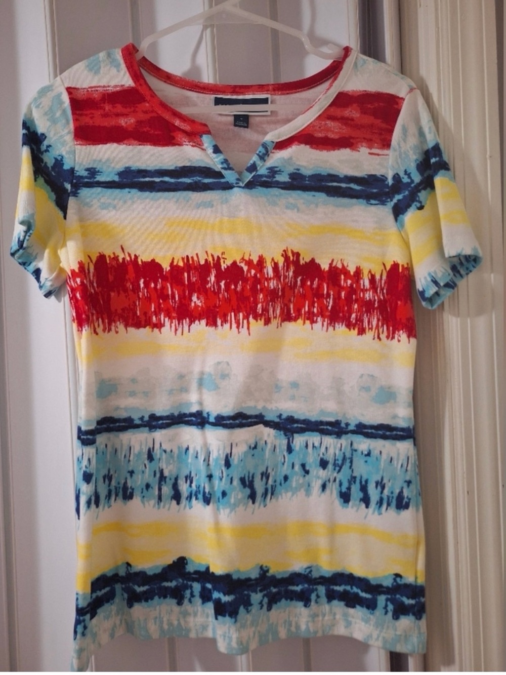 Karen Scott Split Neck Watercolor Stripe Short Sleeve Top Small NWOT